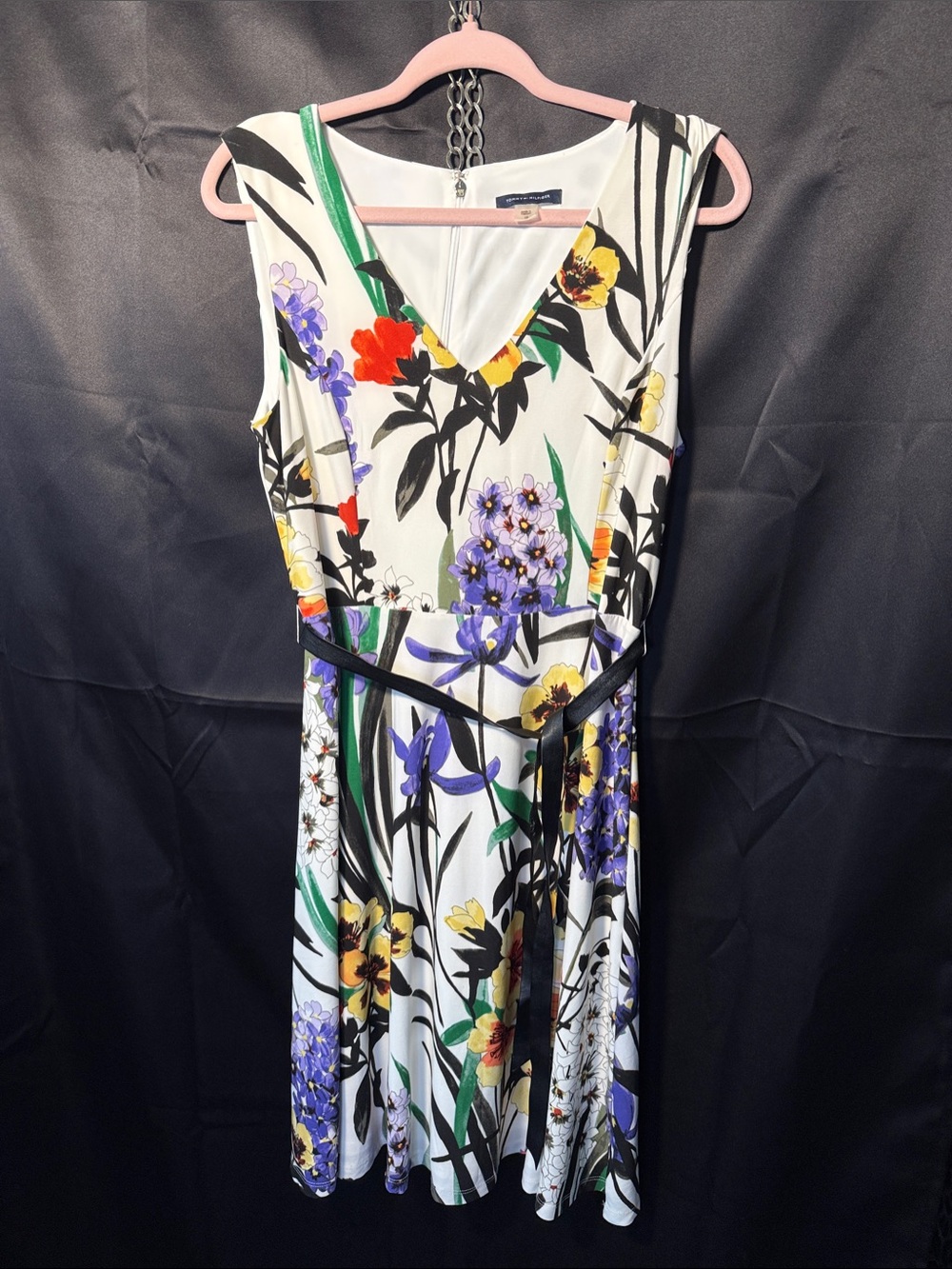 Tommy Hilfiger White Floral Midi Dress with Purple, Yellow and Red Accents